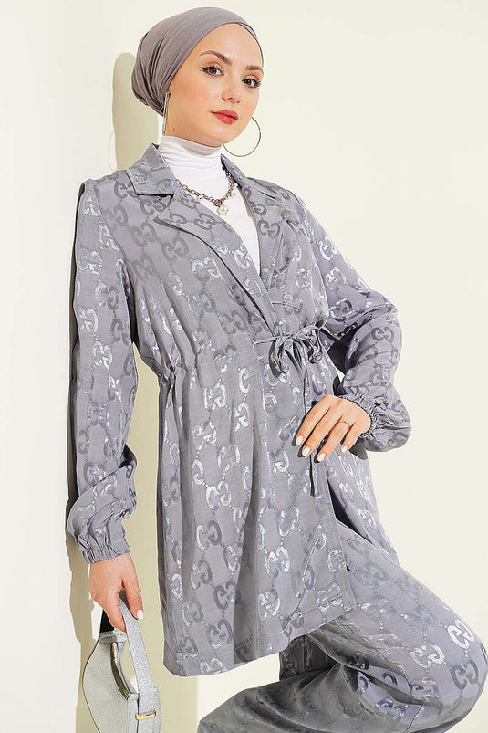 Ensemble deux pièces gris à ceinture en tulle avec motif jacquard