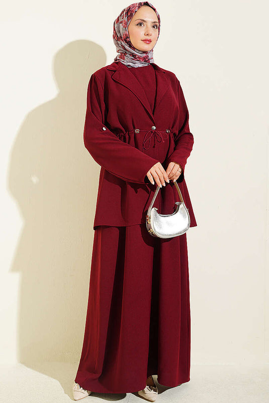 Robe Avec Ceinture Et Motifs Bordeaux