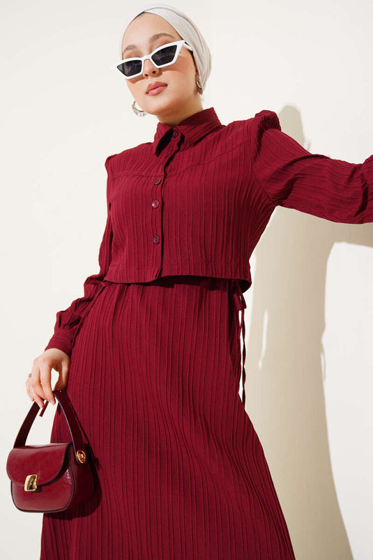 Bel Tünelli Kabartma Çizgili Jile İkili Takım Bordo