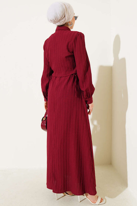 Bel Tünelli Kabartma Çizgili Jile İkili Takım Bordo