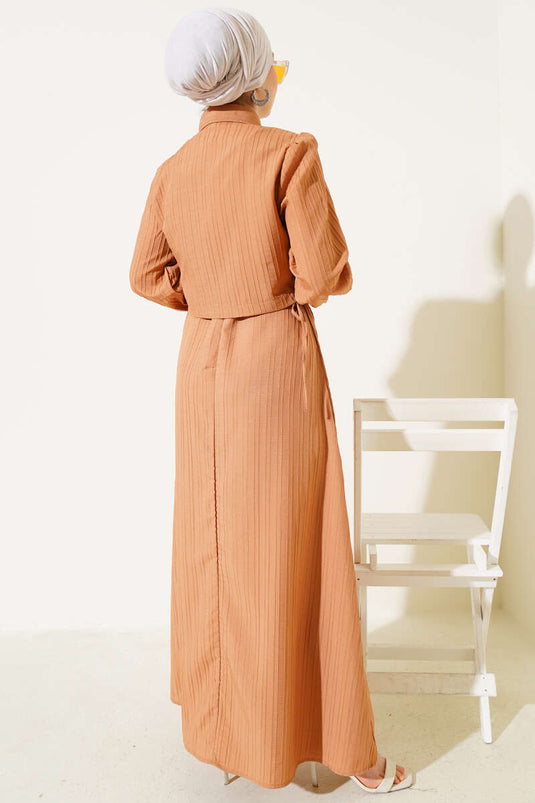 Bel Tünelli Kabartma Çizgili Jile İkili Takım Latte