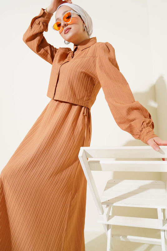 Bel Tünelli Kabartma Çizgili Jile İkili Takım Latte