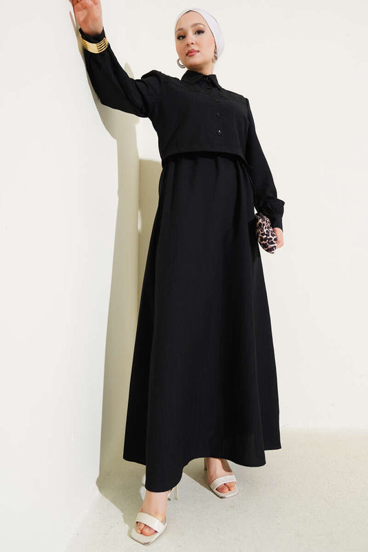 Bel Tünelli Kabartma Çizgili Jile İkili Takım Siyah