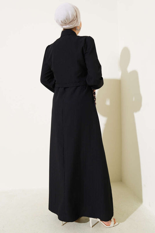 Bel Tünelli Kabartma Çizgili Jile İkili Takım Siyah