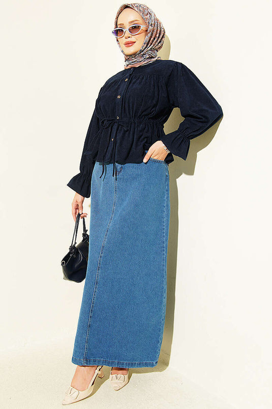 Navy Samtbluse Mit Gürtel