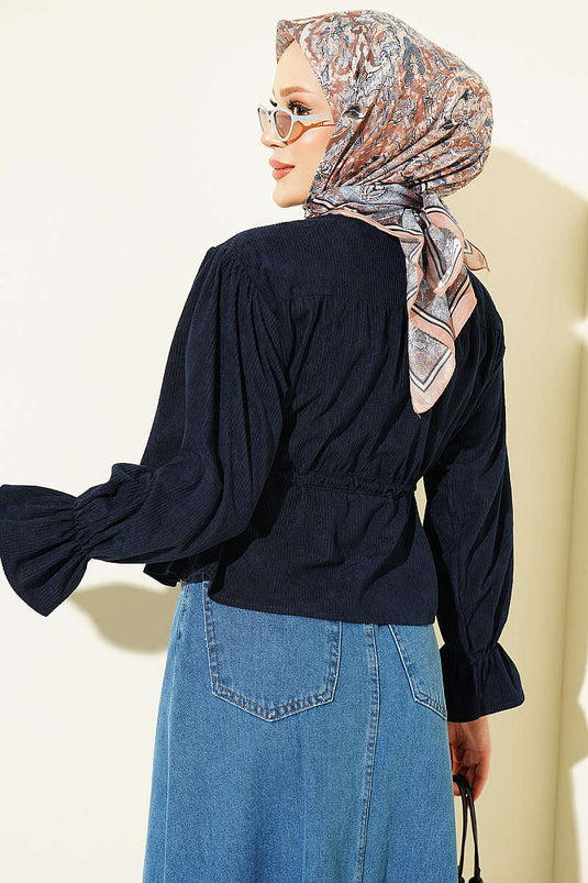 Navy Samtbluse Mit Gürtel