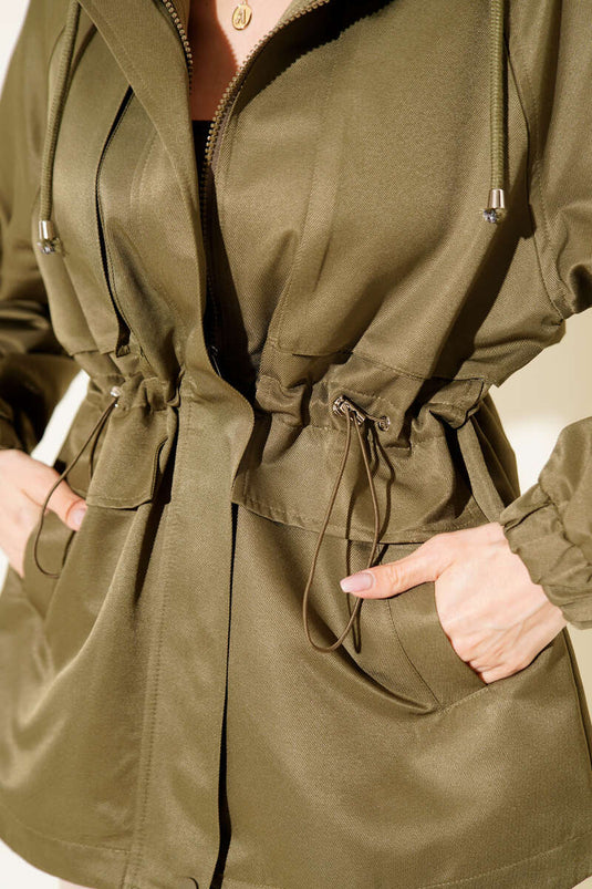 Bel Tünelli Kapüşonlu Cepli Trençkot Haki