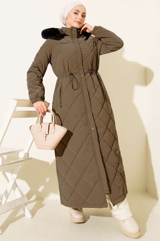 Bel Tünelli Kapüşonlu Kapitone Mont Kahve