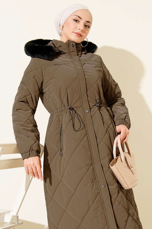 Bel Tünelli Kapüşonlu Kapitone Mont Kahve