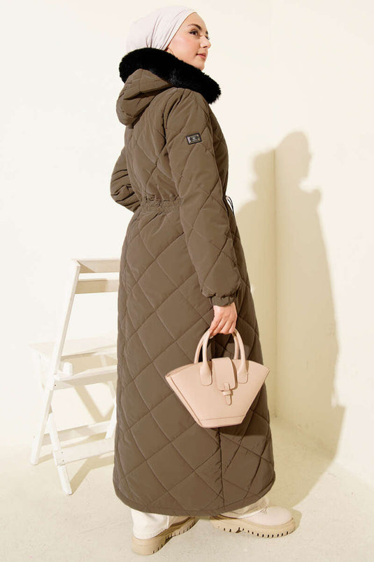 Bel Tünelli Kapüşonlu Kapitone Mont Kahve