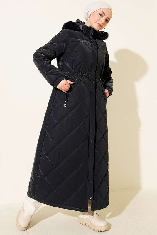 جاكيت مبطن بغطاء رأس مع نفق للخصر، أزرق داكن