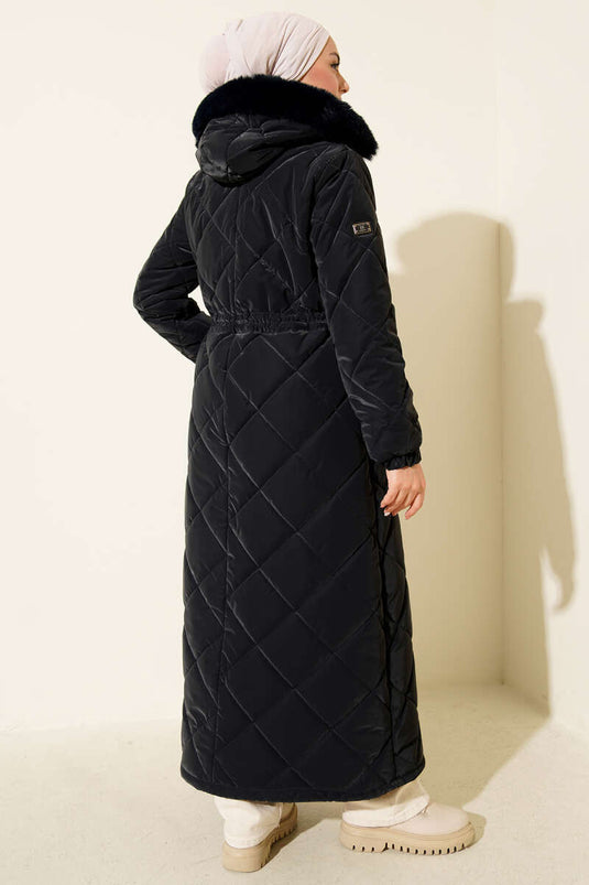Quilted Hooded Jacket with Waist Tunnel, Navy Blue