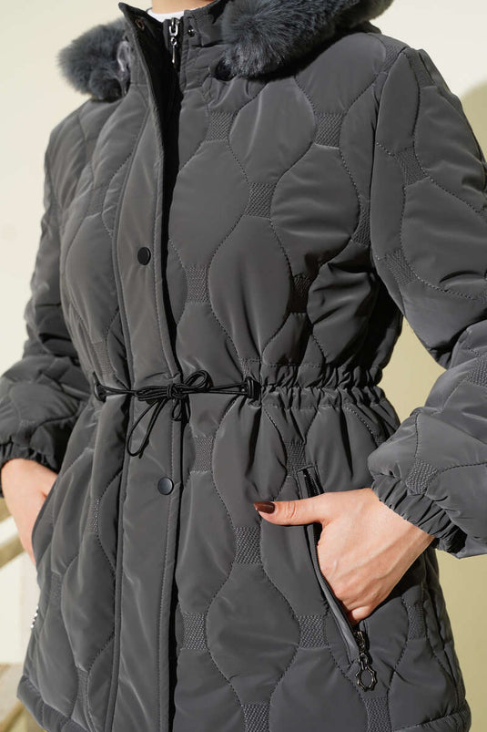 Veste courte matelassée à capuche avec cordon de serrage à la taille, gris foncé