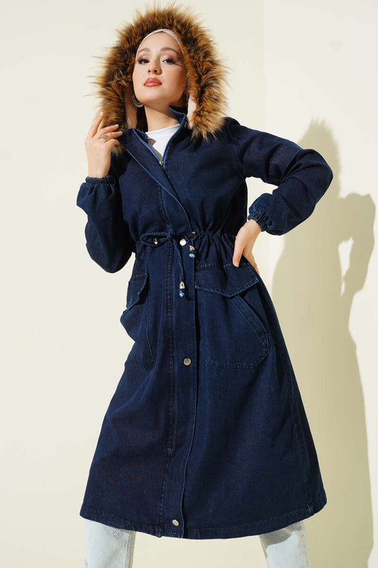 Veste en jean bleu marine à capuche avec tunnel de taille