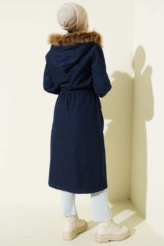 Veste en jean bleu marine à capuche avec tunnel de taille