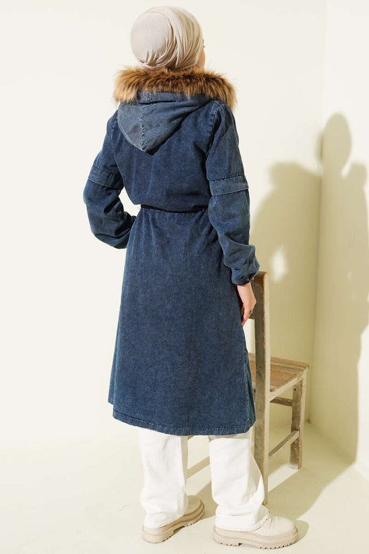 Veste en jean à capuche avec cordon de serrage à la taille, bleue