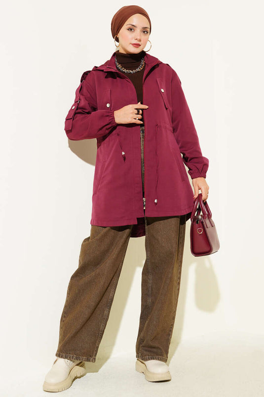 Trench-coat à capuche avec passant de ceinture, bordeaux