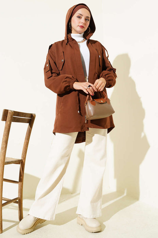 Trench-coat à capuche avec passant de ceinture, marron