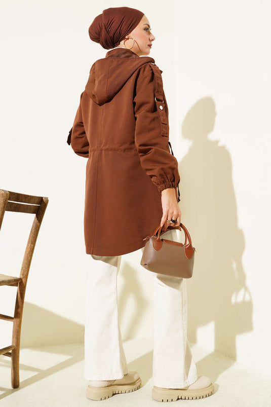 Trench-coat à capuche avec passant de ceinture, marron