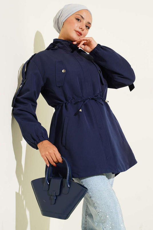 Bel Tünelli Kapüşonlu Trençkot Lacivert
