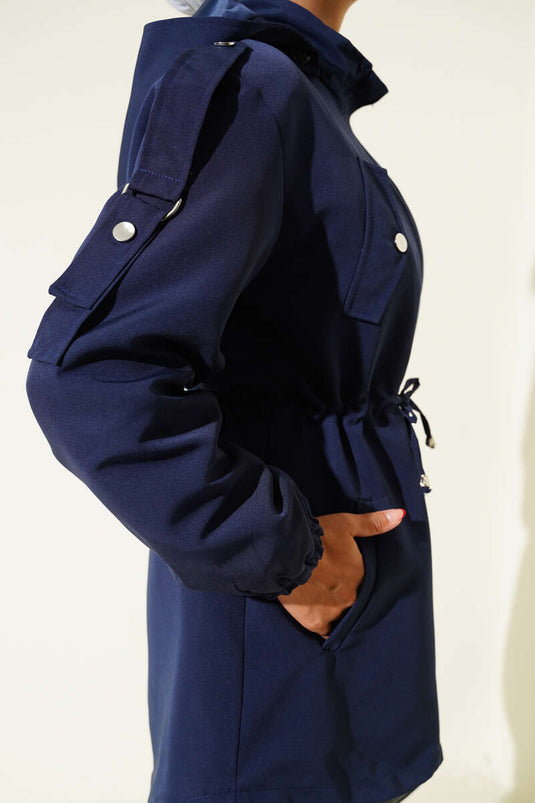 Bel Tünelli Kapüşonlu Trençkot Lacivert
