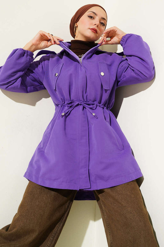 Hooded Trench Coat with Waist Tunnel, Purple