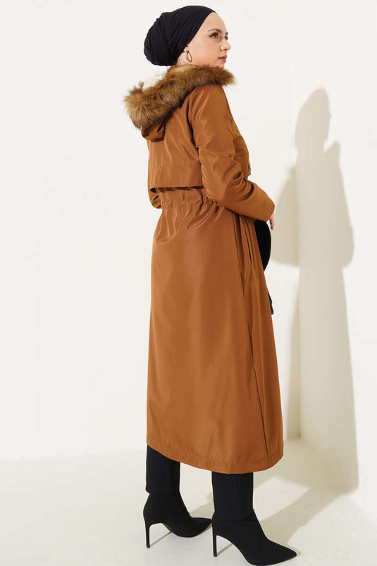 Belted Hooded Coat with Fur in Tan