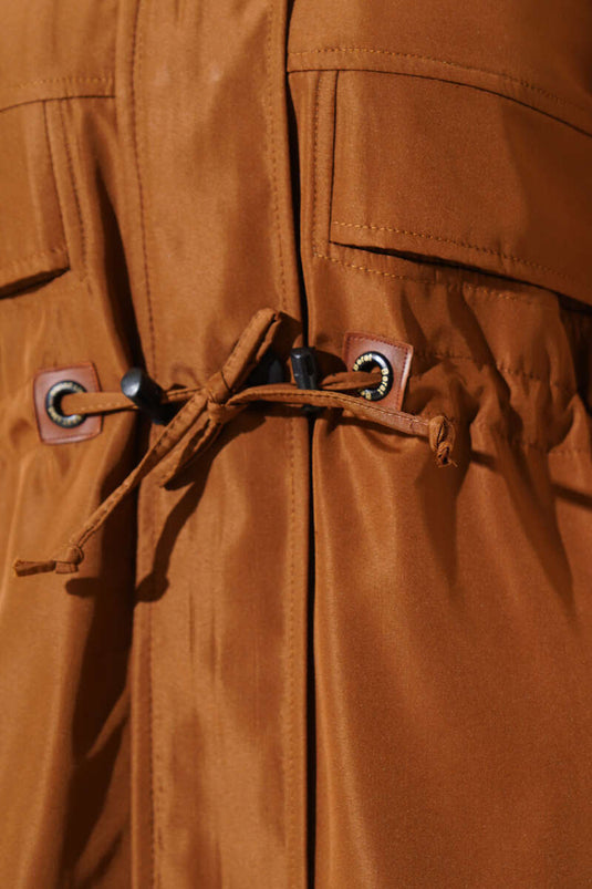 Belted Hooded Coat with Fur in Tan