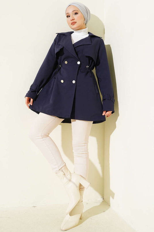 معطف ترنش قصير بقصة خصر نفقية أزرق داكن