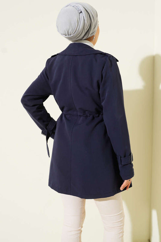 معطف ترنش قصير بقصة خصر نفقية أزرق داكن