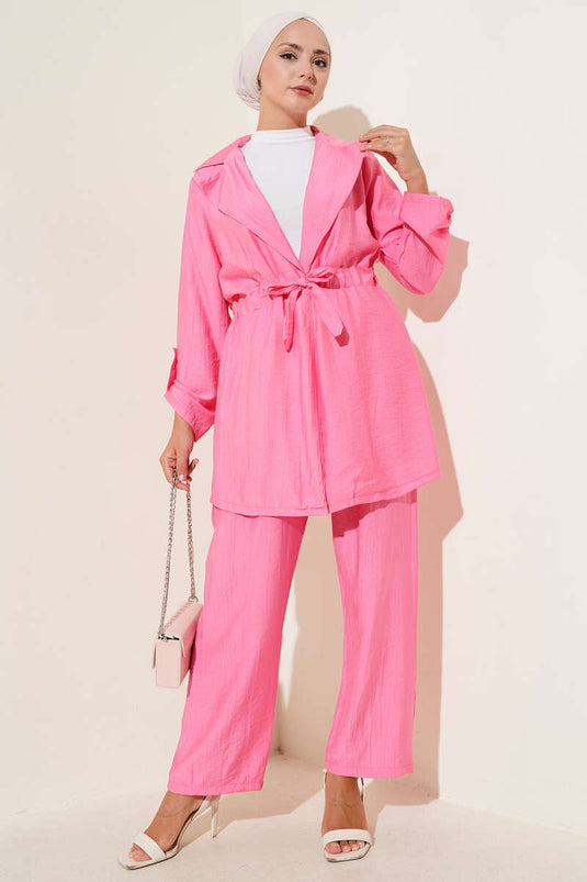 Bel Tünelli Kruvaze Yaka İkili Takım Pembe