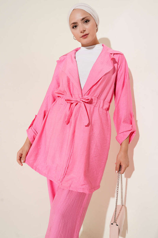 Bel Tünelli Kruvaze Yaka İkili Takım Pembe