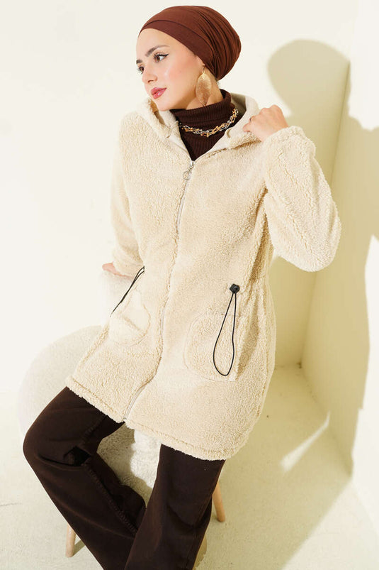Beige Belted Elastic Plush Cardigan