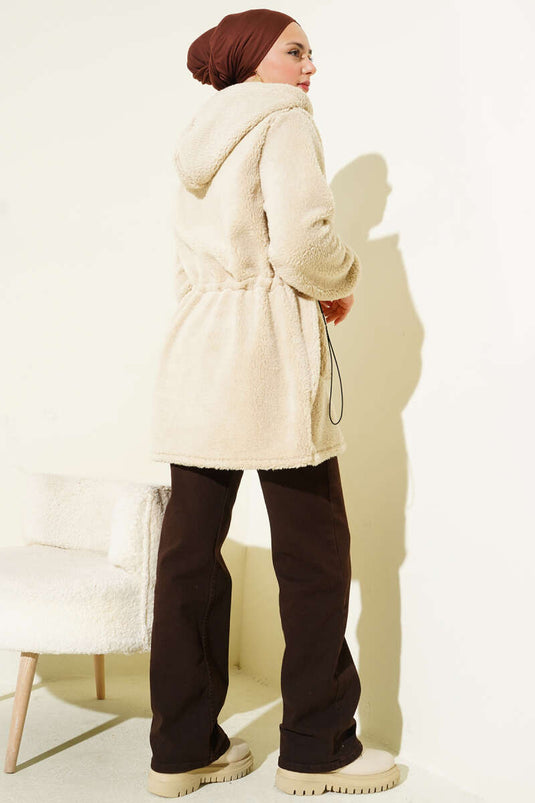 Elastic Plush Cardigan with Waist Tunnel and Beige