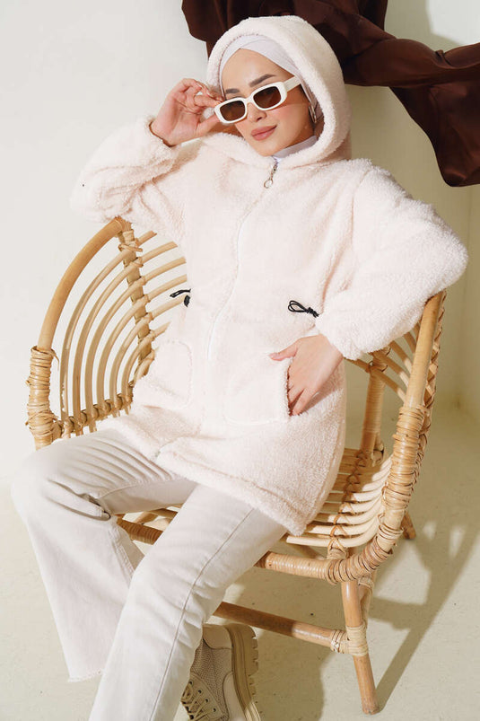 Gilet en peluche élastique avec tunnel de taille, écru