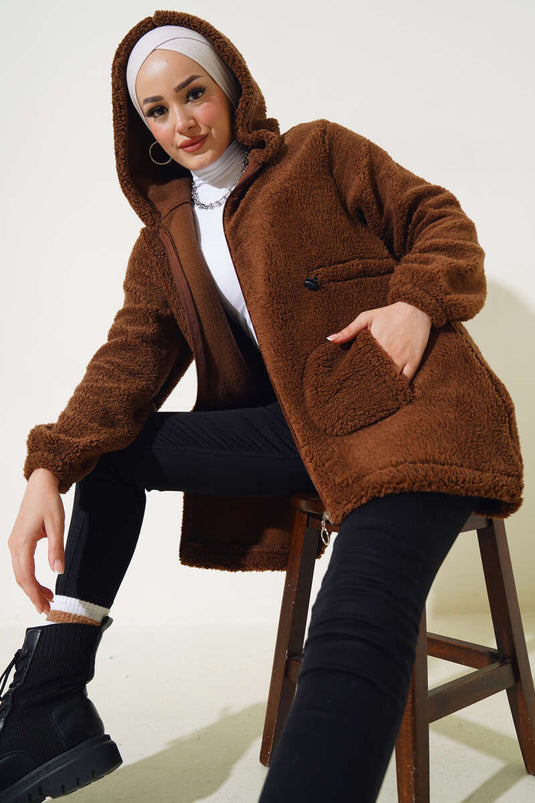 Gilet en peluche élastique avec tunnel de taille et châtaigne
