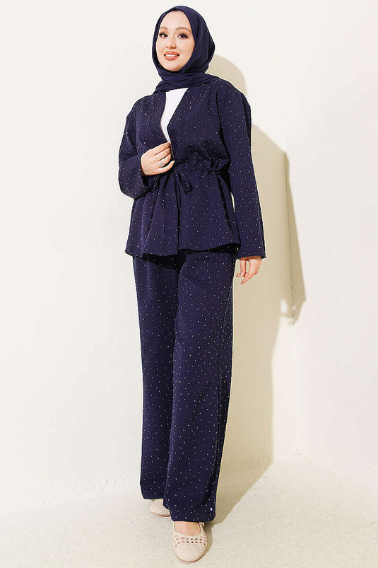 Belt with Mesh Mini Stone Double Two-Piece Set Navy Blue