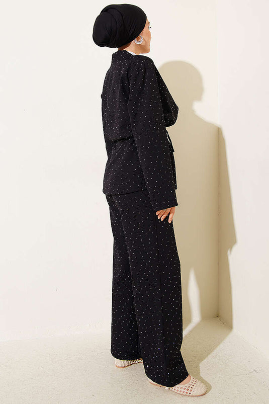 Belt with Tunnel Mini Stone Double Two-Piece Set Black