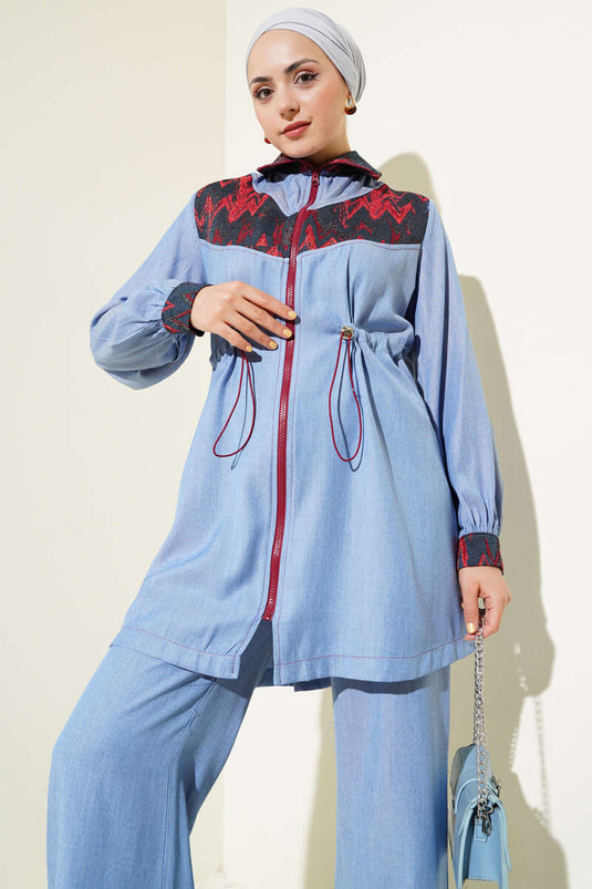 Bel Tünelli Nakış Garnili İkili Takım Mavi