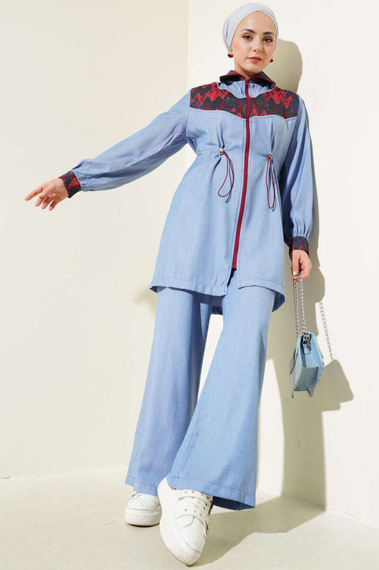 Bel Tünelli Nakış Garnili İkili Takım Mavi