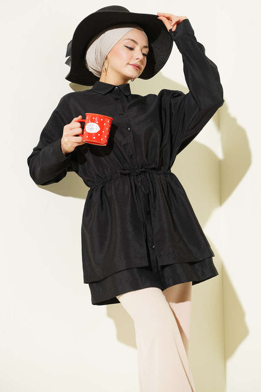 Bel Tünelli Oversize Odesa Gömlek Siyah