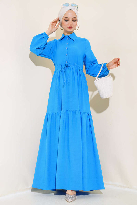 Kleid mit Taillentunnel und Knopfleiste in Blau