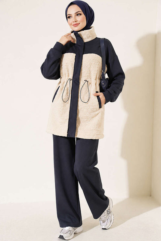 Ensemble En Maille Et Fausse Fourrure Avec Ceinture, Gris Fumé