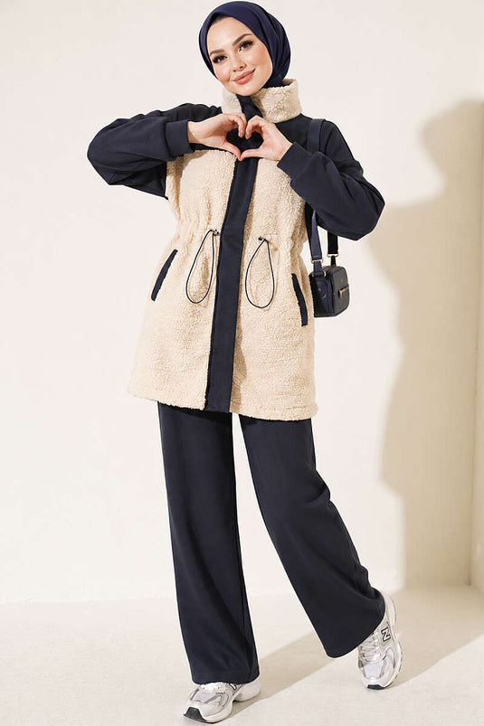 Ensemble En Maille Et Fausse Fourrure Avec Ceinture, Gris Fumé