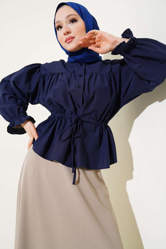 Beautiful Tulle Pleated Short Shirt Navy Blue