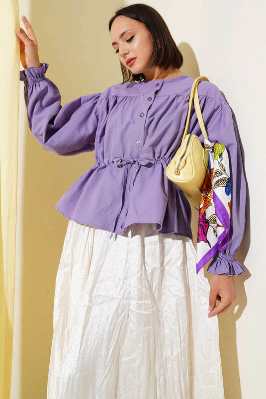 Bel Tünelli Pileli Kısa Gömlek Lila