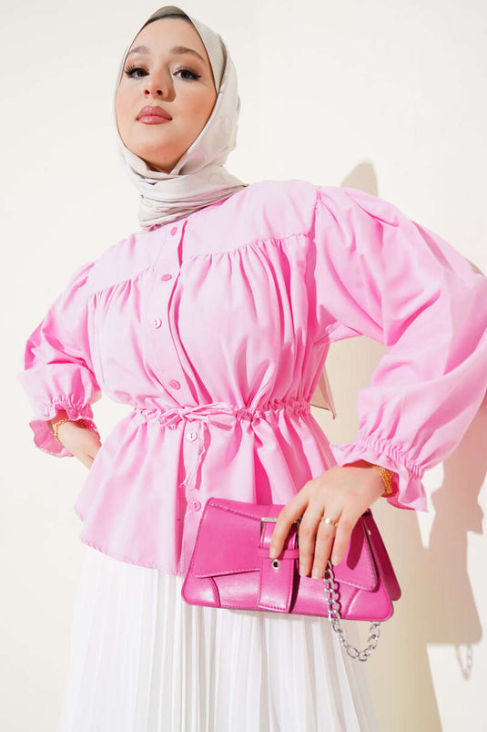 Bel Tünelli Pileli Korte Blouse Roze