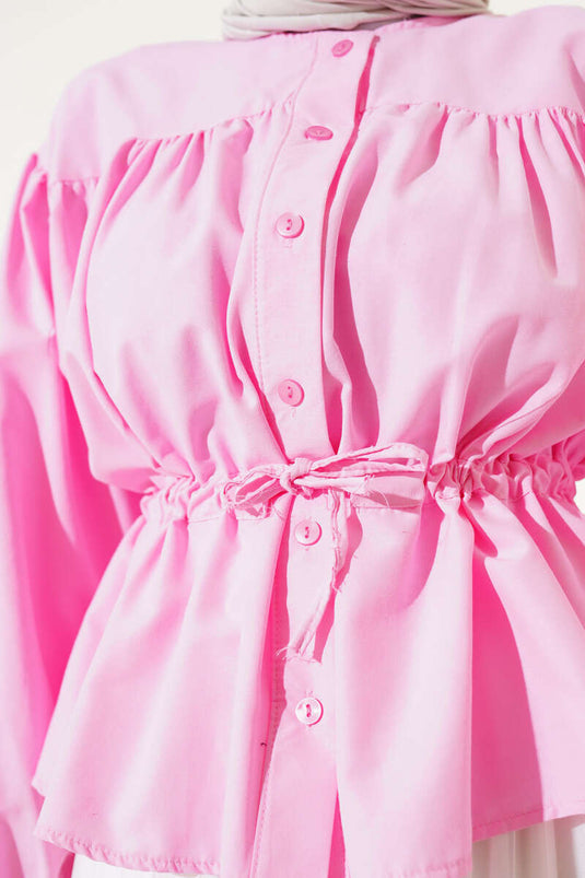 Camicia corta plissettata con collo a V rosa