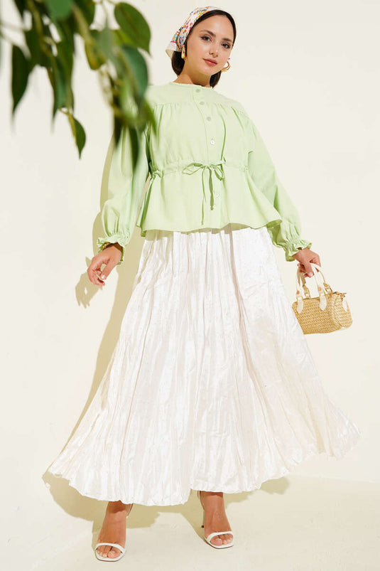 Bel Tünelli Pileli Kısa Gömlek Su Yeşili