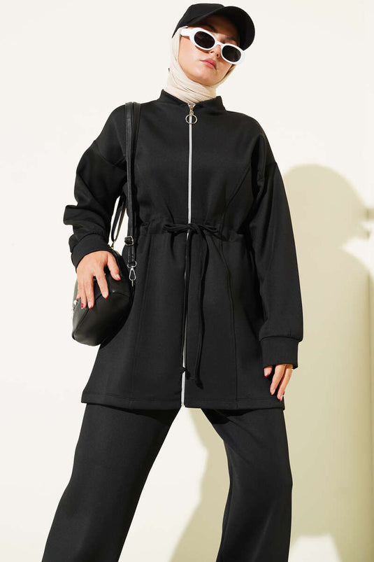 بدلة غوص من قطعتين مع نفق خصر، لون أسود